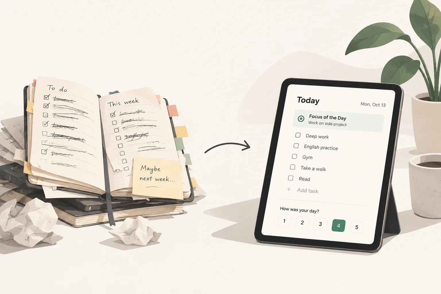 A cluttered paper planner beside a tablet with a simple daily plan, one focus, and an evening rating